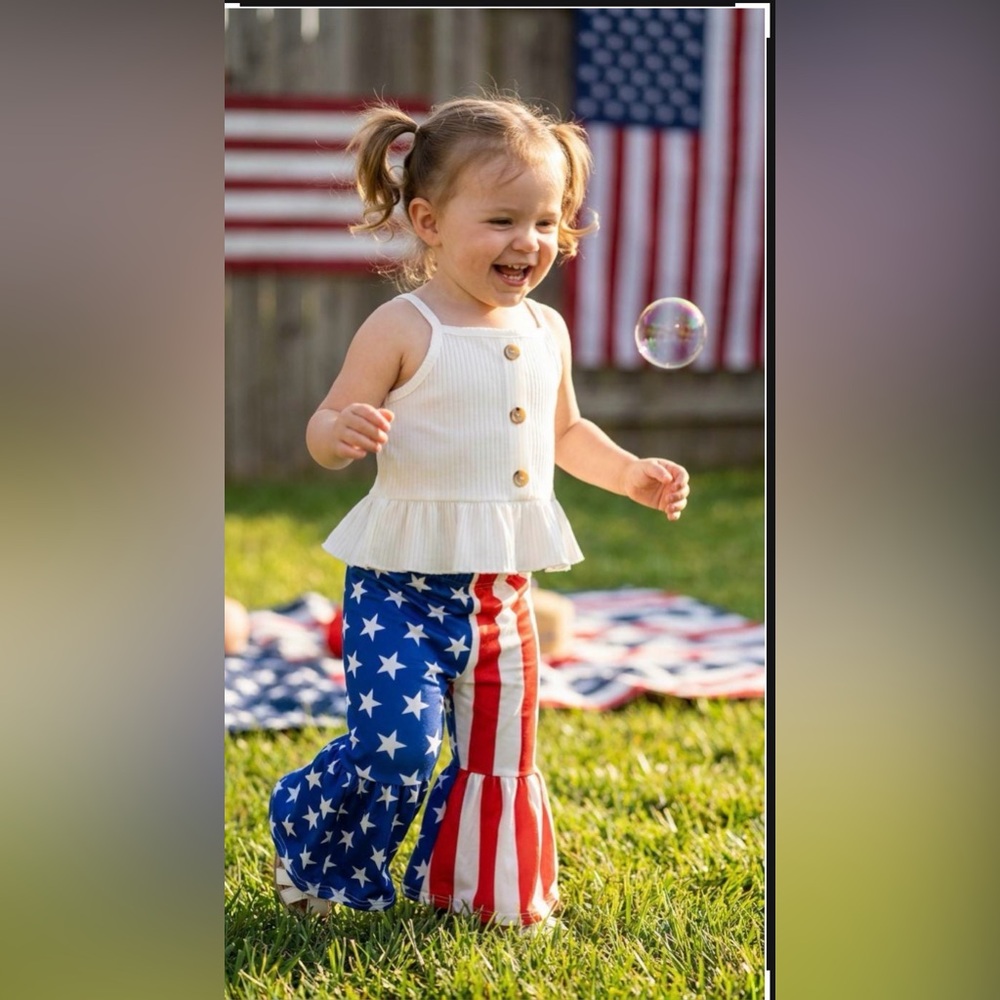 Baby and Toddler Girls Patriotic Bell Bottom Set | 4th of July Star Outfit